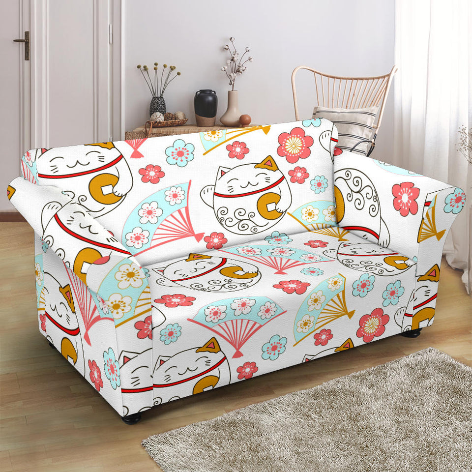 Maneki Neko Lucky Cat Fan Sakura Loveseat Couch Slipcover