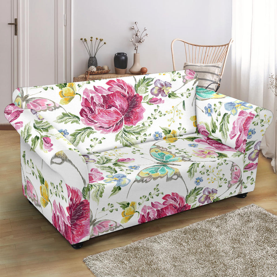 Hand Drawn Butterfly Rose Loveseat Couch Slipcover