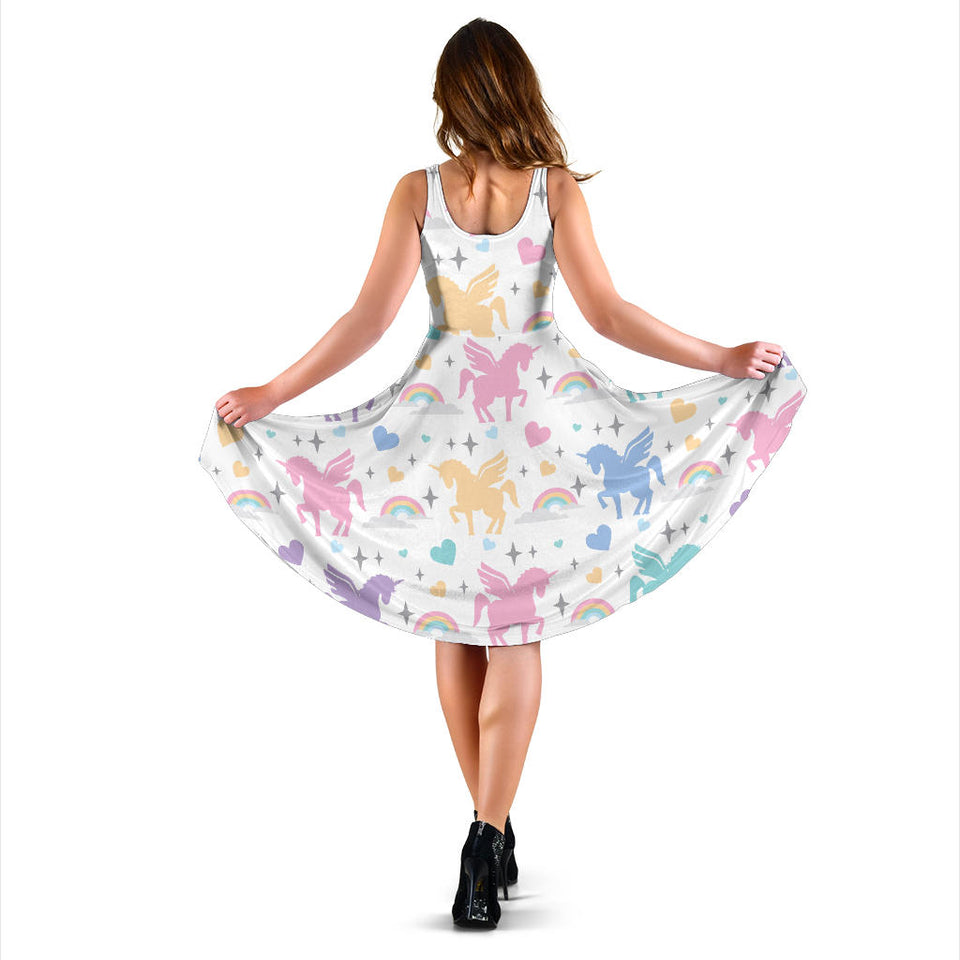 Colorful Unicorn Rainbow Heart Pattern Sleeveless Midi Dress