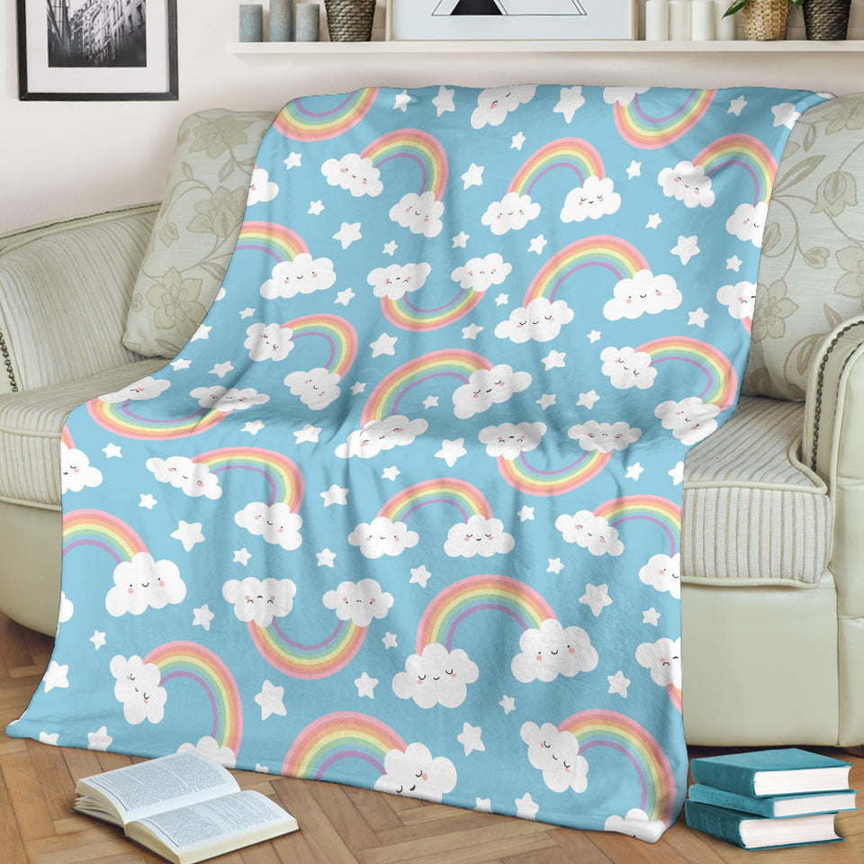 Cute Rainbow Clound Star Pattern Blue Background Premium Blanket