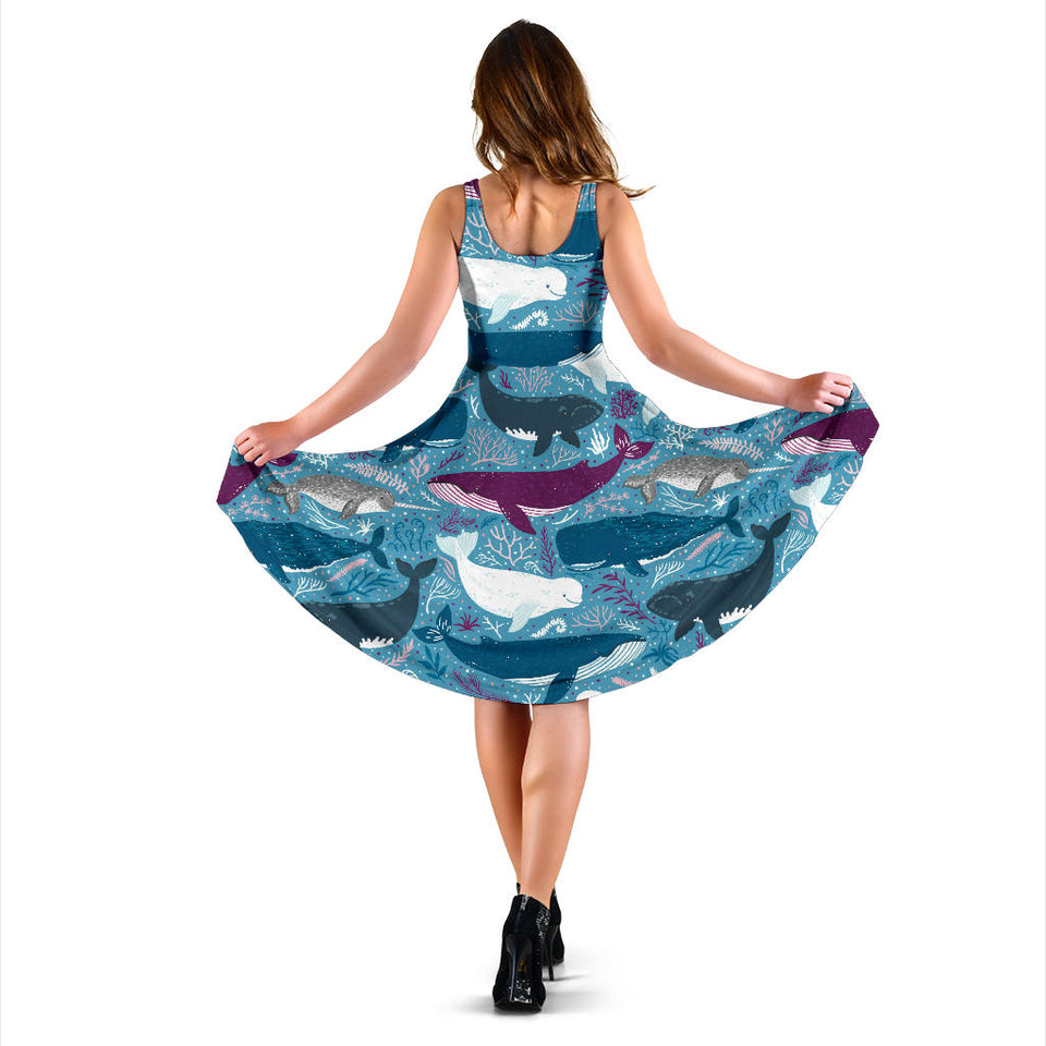 Whale Design Pattern Sleeveless Midi Dress