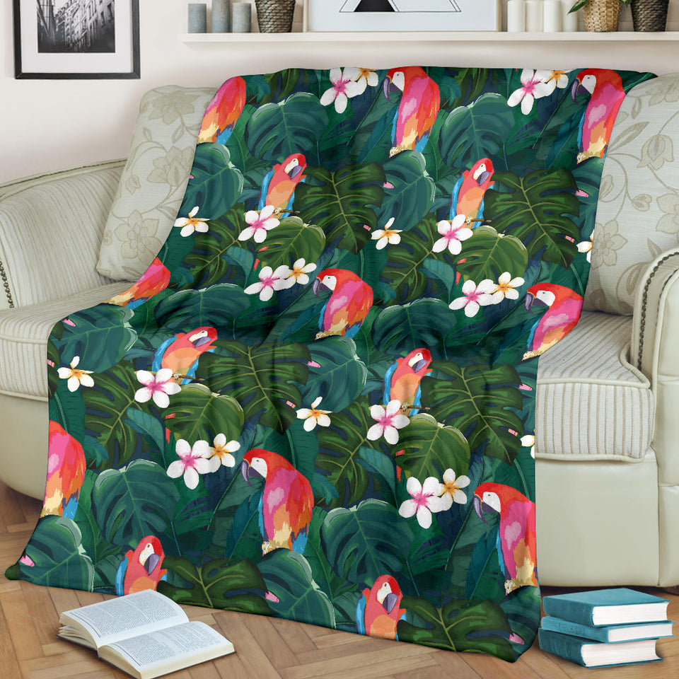 Parrot Palm Tree Leaves Flower Hibiscus Pattern Premium Blanket