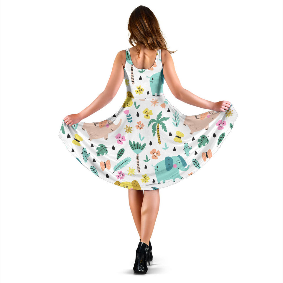 Cute Elephants Palm Tree Flower Butterfly Pattern Sleeveless Midi Dress
