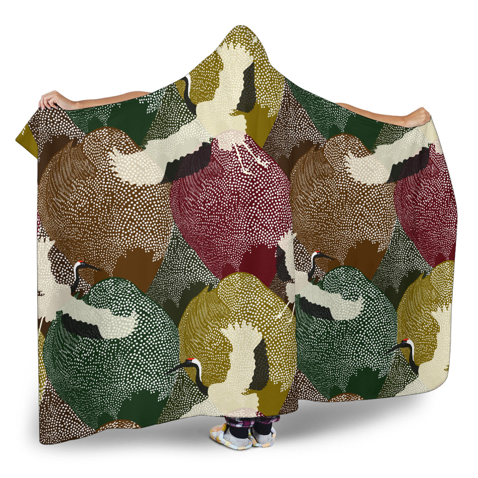 Japanese Cranes Flying Forest Dot Pattern Hooded Blanket