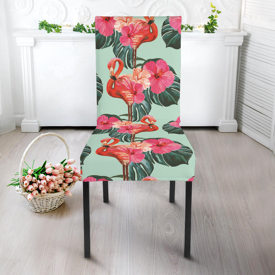 Beautiful Flamingo Tropical Palm Leaves Hibiscus Pateern Background Dining Chair Slipcover