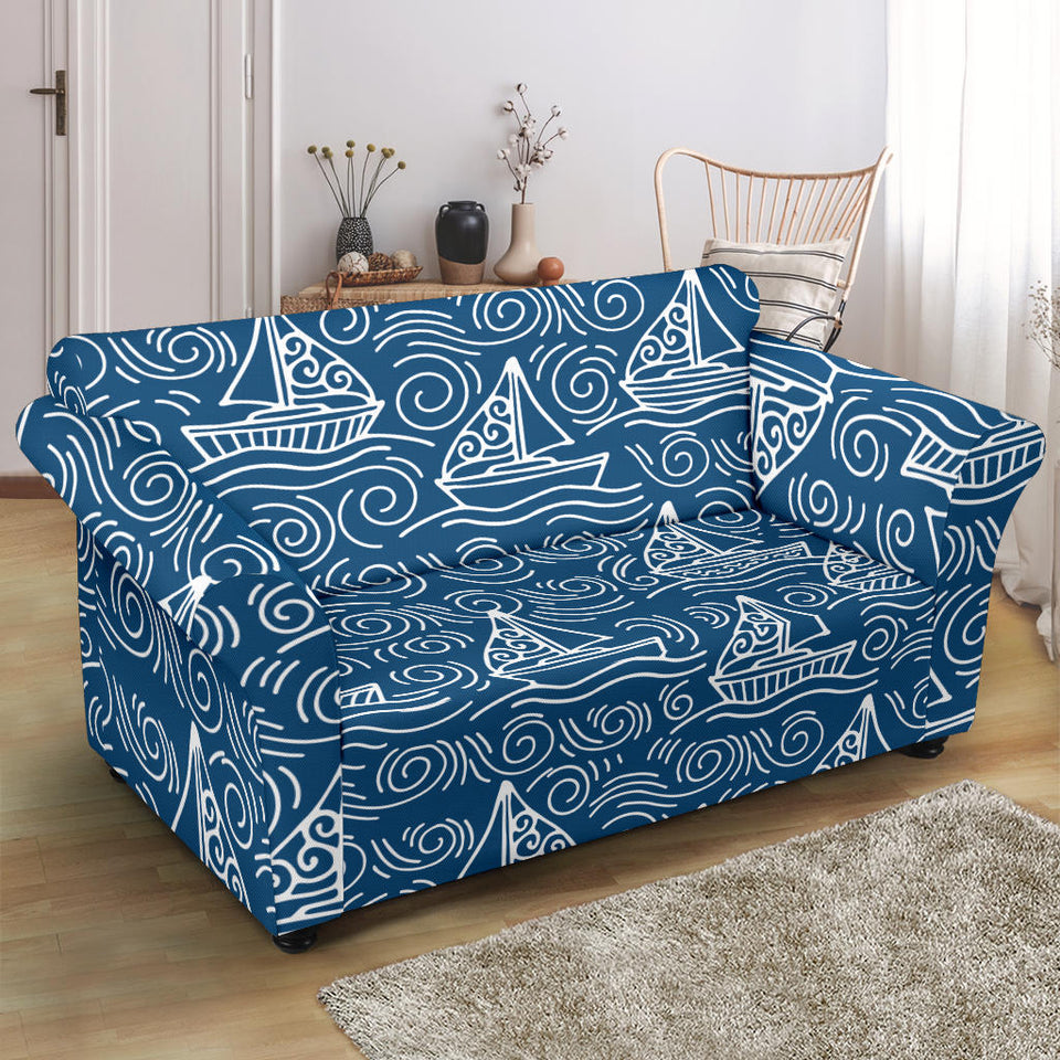 Hand Drawn Sailboat Pattern Loveseat Couch Slipcover