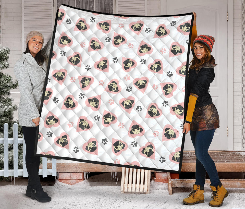 Cute Pugs Pink Heart Paw Pattern Premium Quilt