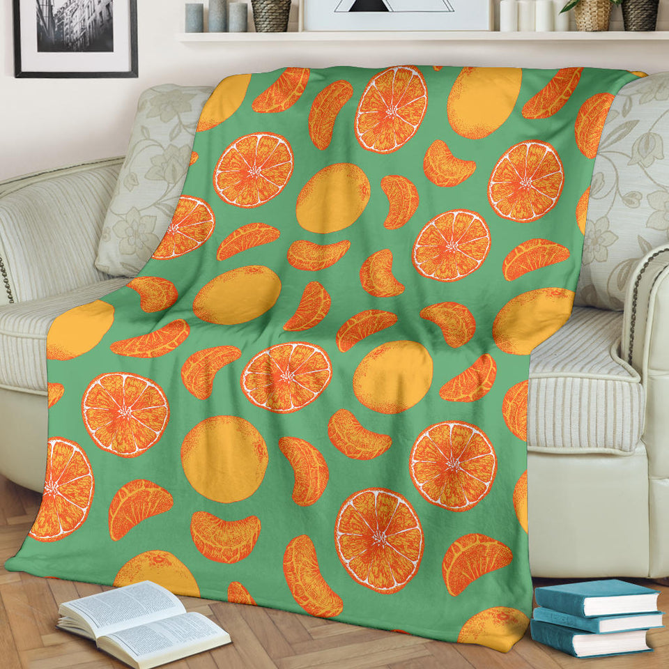 Orange Fruit Pattern Green Background Premium Blanket
