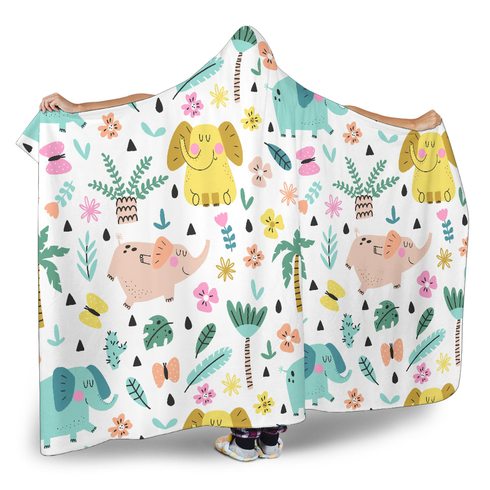 Cute Elephants Palm Tree Flower Butterfly Pattern Hooded Blanket