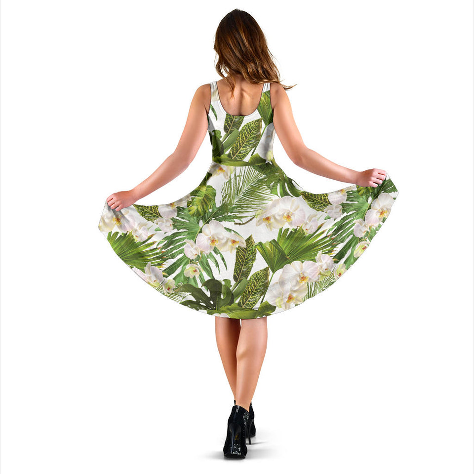 White Orchid Flower Tropical Leaves Pattern Sleeveless Midi Dress