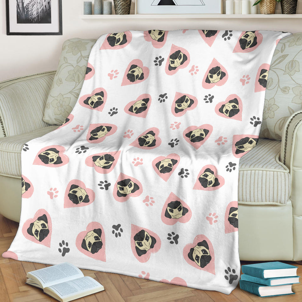 Cute Pugs Pink Heart Paw Pattern Premium Blanket