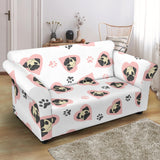 Cute Pugs Pink Heart Paw Pattern Loveseat Couch Slipcover