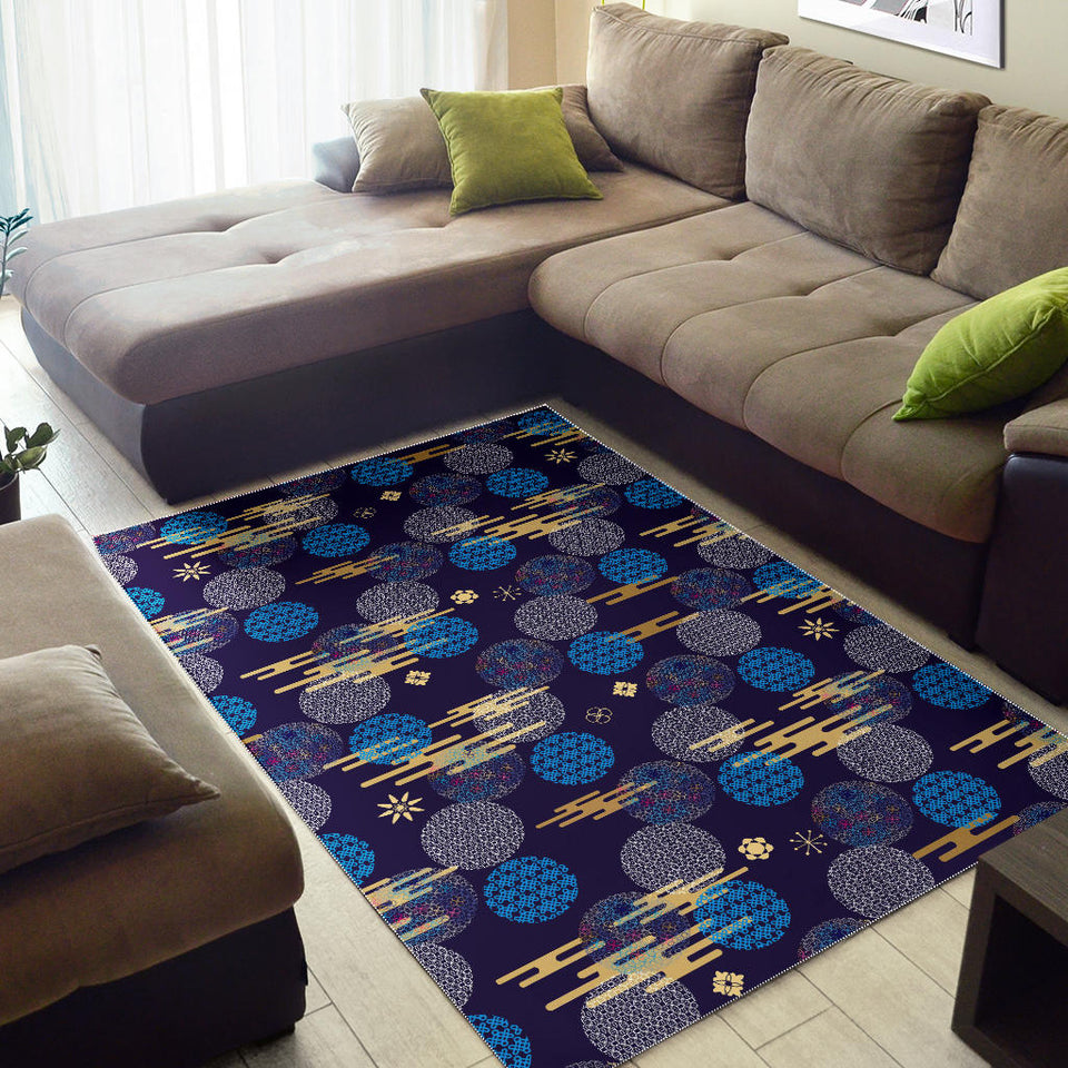Blue Japanese Pattern Cloud Wave Flower Area Rug