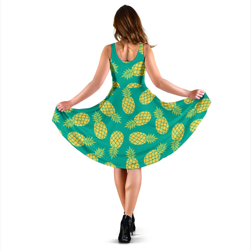 Pineapples Pattern Green Background Sleeveless Midi Dress