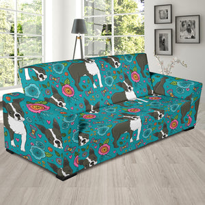 Boston Terrier Beautiful Flower Pattern Sofa Slipcover