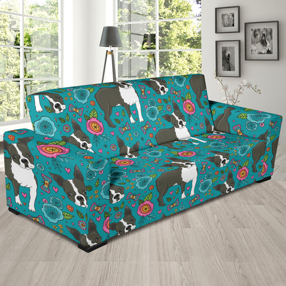 Boston Terrier Beautiful Flower Pattern Sofa Slipcover