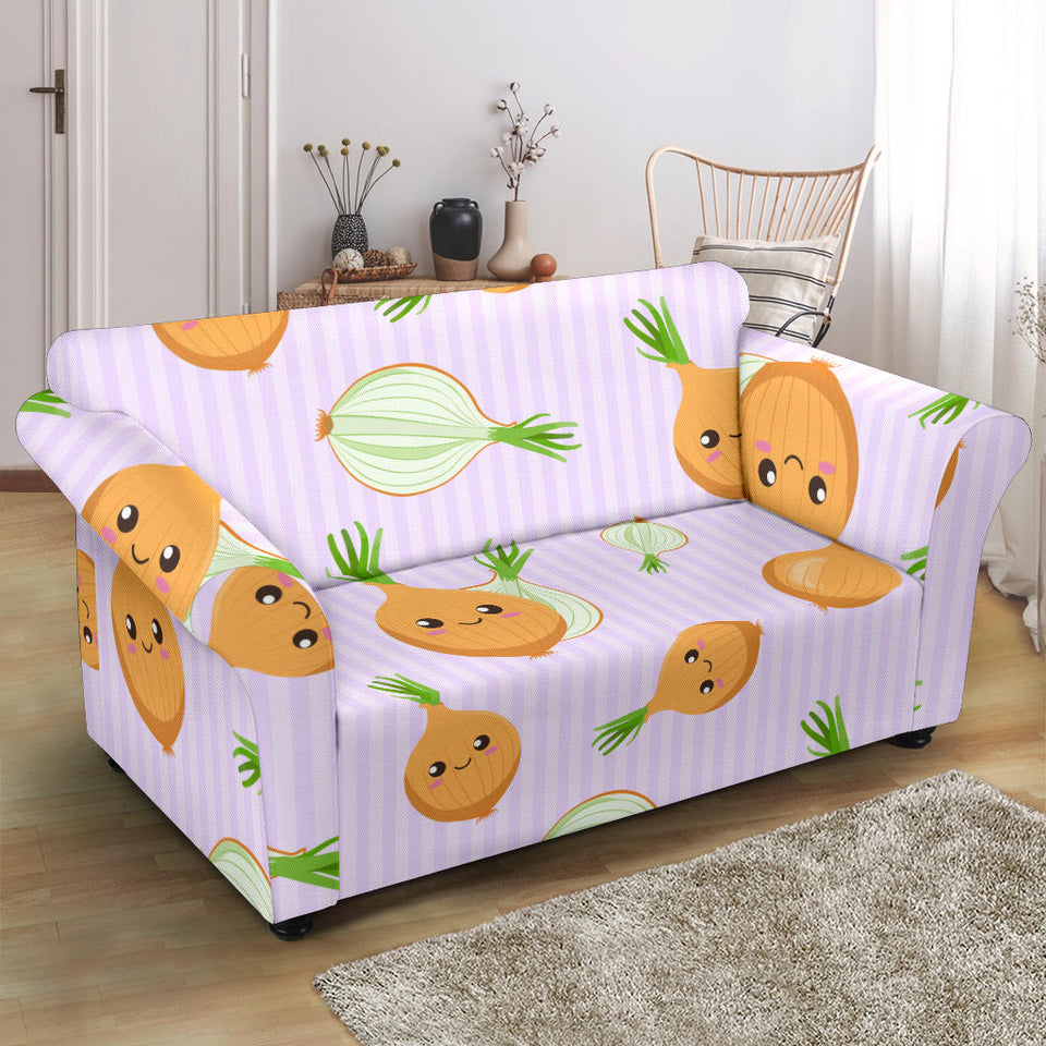 Cute Onions Smiling Faces Purple Background Loveseat Couch Slipcover