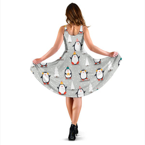 Cute Penguin Christmas Pattern Sleeveless Midi Dress