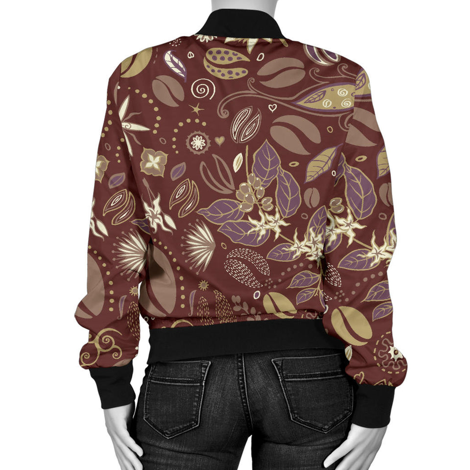 Coffee Bean Flower Pattern Women'S Bomber Jacket
