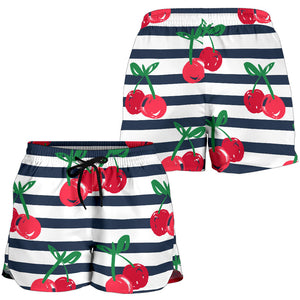 Hand Drawn Cherry Pattern Striped Background Women Shorts