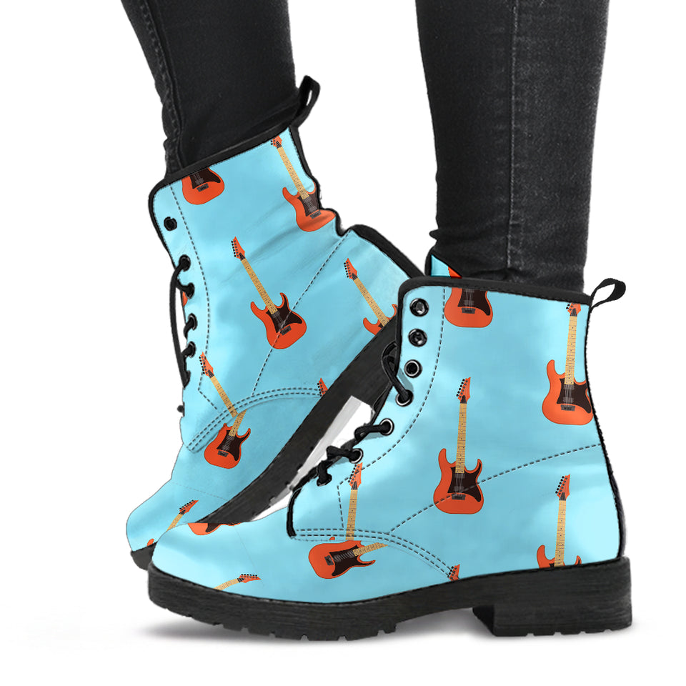 Electric Guitar Pattern Light Blue Background Leather Boots