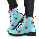 Electric Guitar Pattern Light Blue Background Leather Boots
