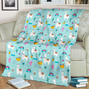 Llama Alpaca Cactus Leaves Pattern Premium Blanket