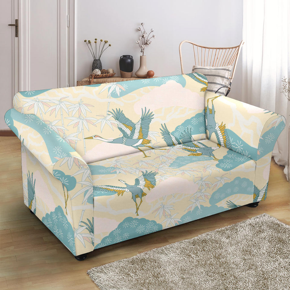 Bonsai Bamboo Stork Japanese Pattern Cream Theme Loveseat Couch Slipcover