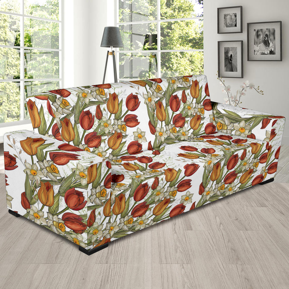 Red Tulips And Daffodils Pattern Sofa Slipcover