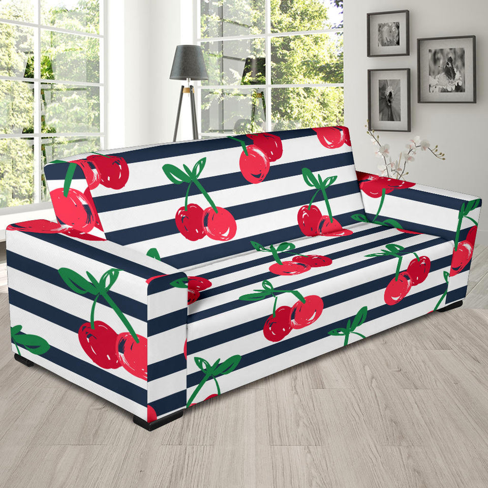 Hand Drawn Cherry Pattern Striped Background Sofa Slipcover