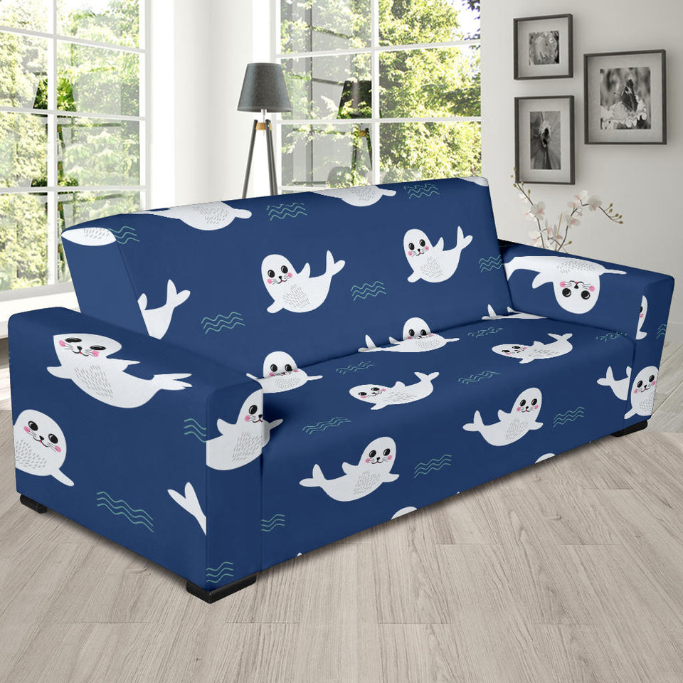 Cute White Baby Sea Lion Seal Pattern Sofa Slipcover