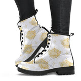 Gold Ornamental Lotue Waterlily Symbol Pattern Leather Boots