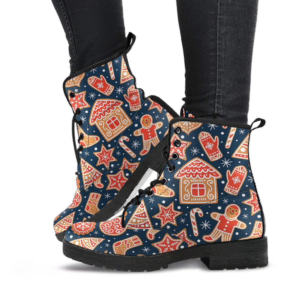 Christmas Gingerbread Cookie Pattern Leather Boots