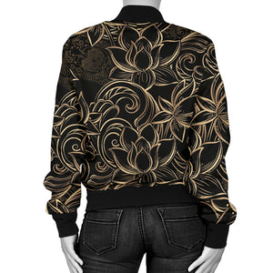 Luxurious Gold Lotus Waterlily Black Background Women'S Bomber Jacket