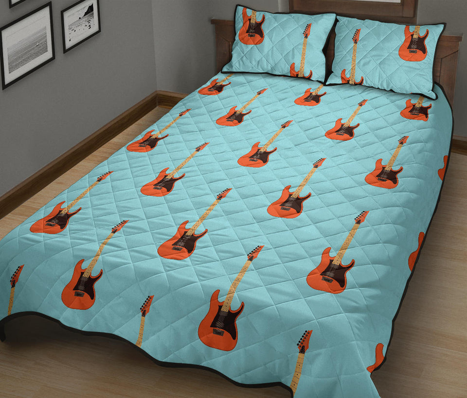 electric guitar pattern light blue background Quilt Bed Set