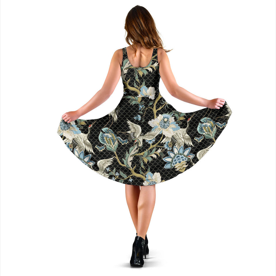 Japanese Crane Ornament Elements Sleeveless Midi Dress