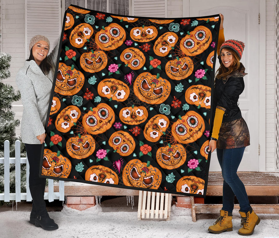 Pumpkin Flowers Spiderweb Halloween Theme Premium Quilt