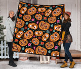 Pumpkin Flowers Spiderweb Halloween Theme Premium Quilt