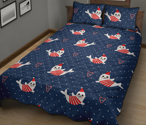 Cute sea lion seal christmas hat candy cane heart pattern Quilt Bed Set
