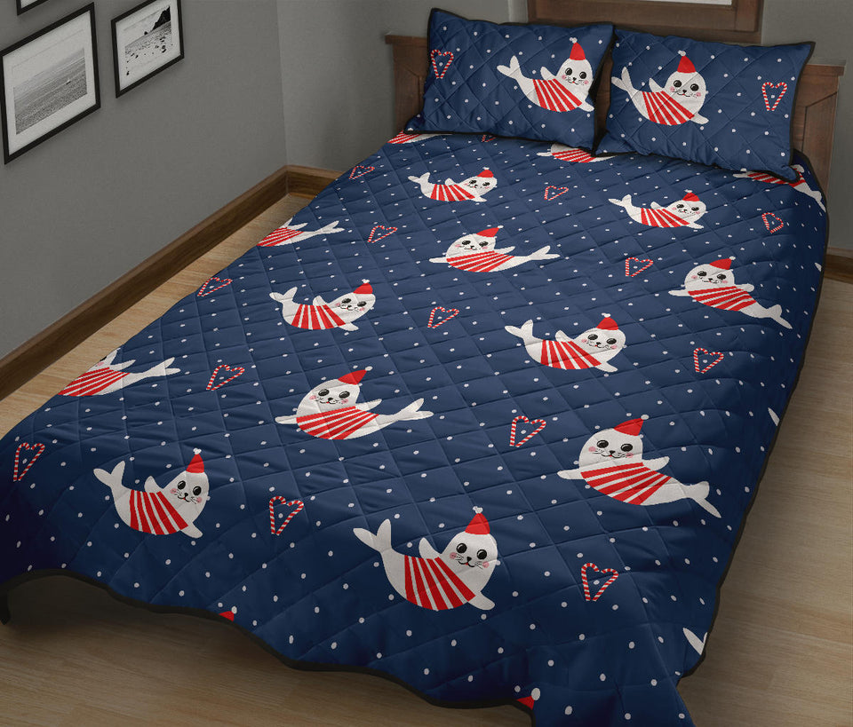 Cute sea lion seal christmas hat candy cane heart pattern Quilt Bed Set