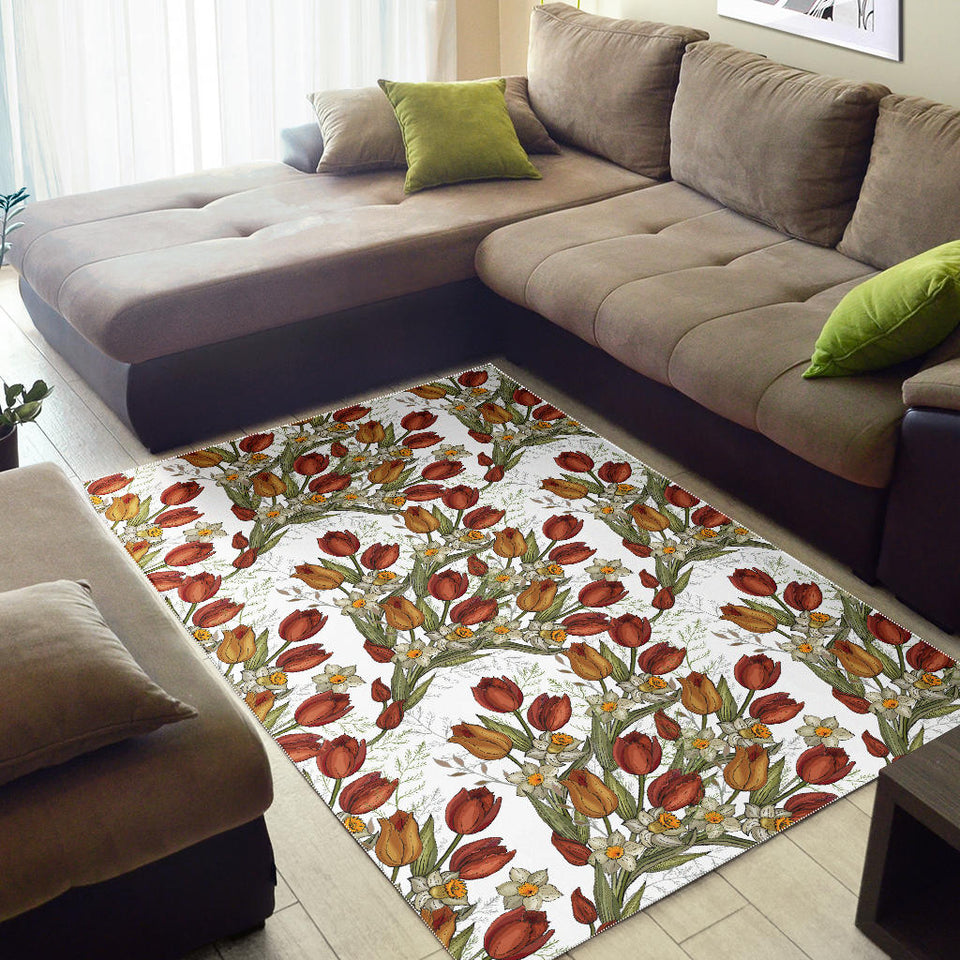 Red Tulips And Daffodils Pattern Area Rug