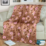 Pink Sakura Cherry Blossom Drak Brown Background Premium Blanket