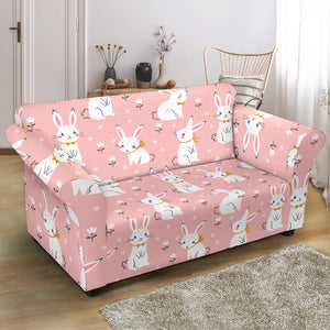 Cute White Rabbit Flower Pink Background Loveseat Couch Slipcover