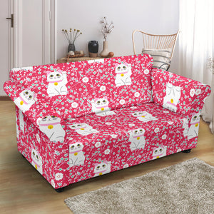 Maneki Neko Lucky Cat Sakura Pink Background Loveseat Couch Slipcover