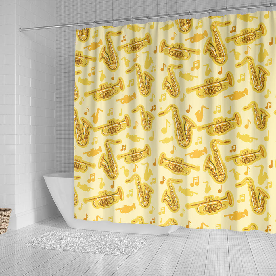 Saxophone Cornet Pattern Yellow Background Shower Curtain Fulfilled In US