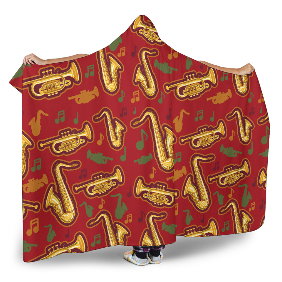 Saxophone Cornet Pattern Red Background Hooded Blanket