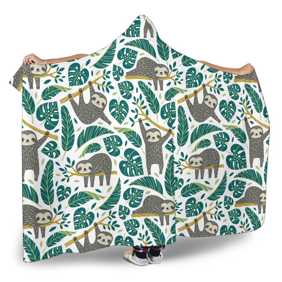 Cute Sloths Tropical Palm Leaves White Background Hooded Blanket