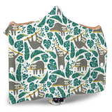 Cute Sloths Tropical Palm Leaves White Background Hooded Blanket