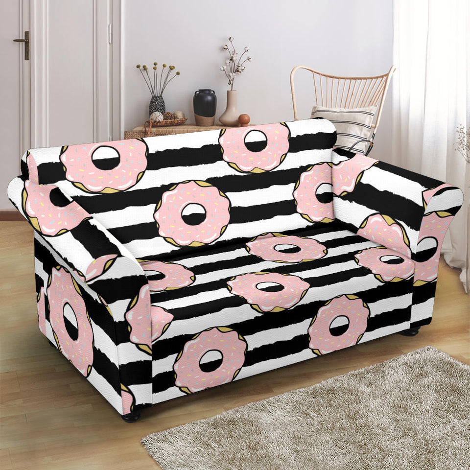 Donuts Pink Icing Striped Pattern Loveseat Couch Slipcover