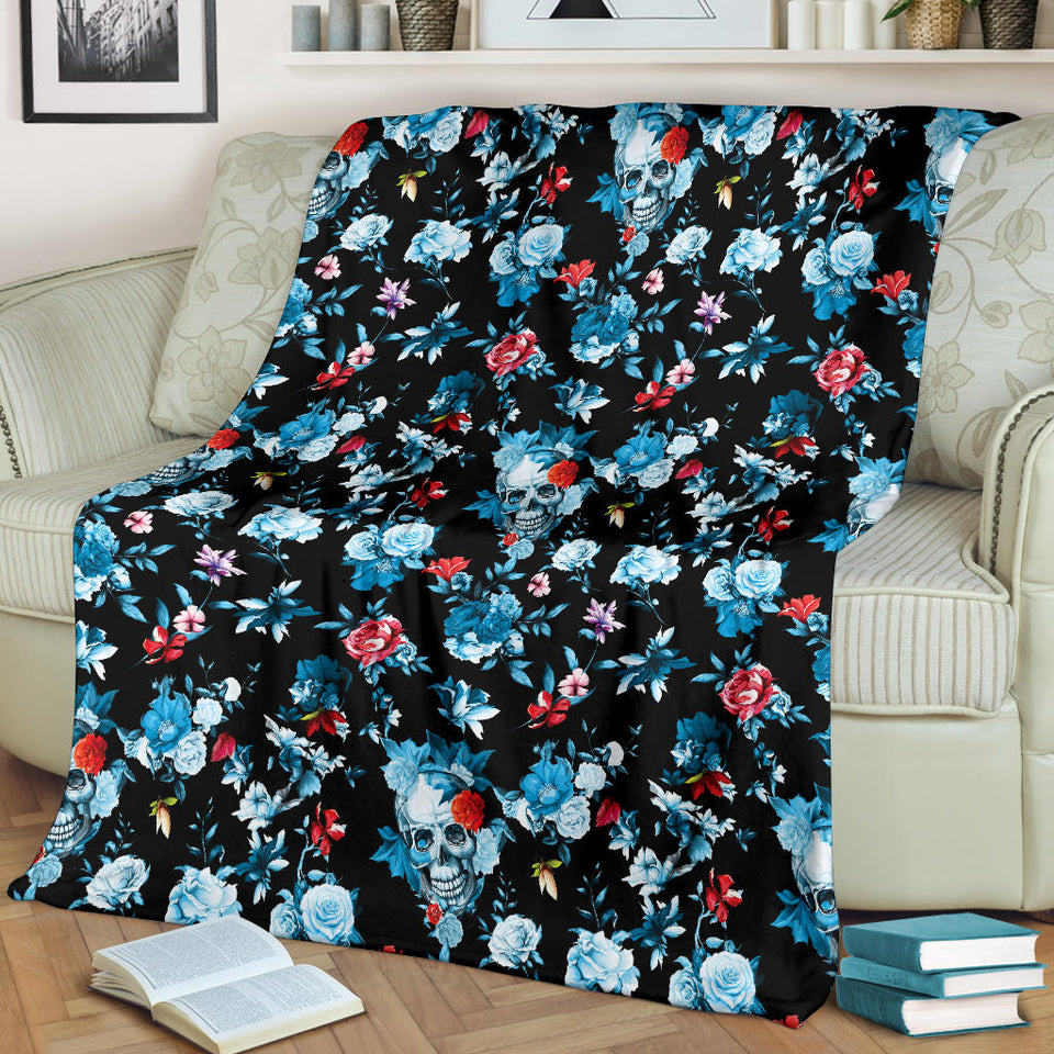 Skull Flower Roses Leave Pattern Premium Blanket